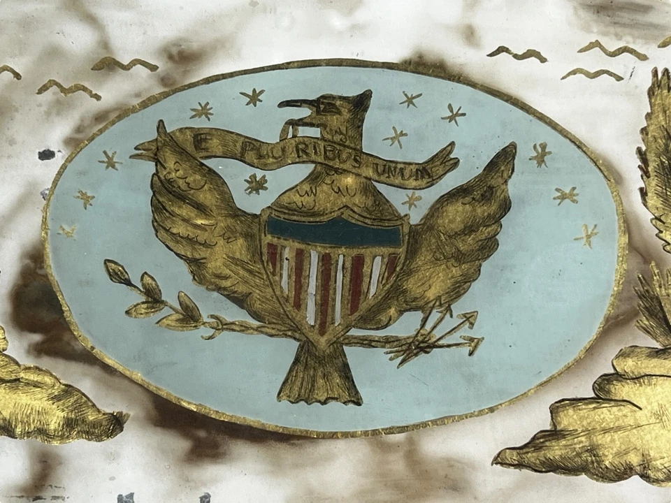 Antique 18th/19th c. American Eagle Shield Reverse Glass Painted Eglomise Panel - Image 4 of 4