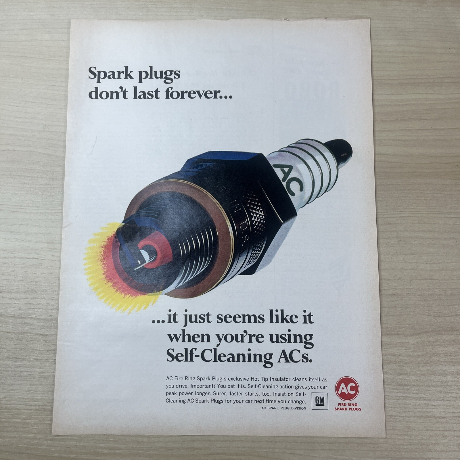 AC Fire Ring Spark Plugs GM Vintage Print Ad 1966 Life Magazine
