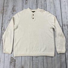 VTG EDDIE BAUER 2-BUTTON FISHERMAN HENLEY CREAM IVORY KNIT MENS LARGE L SWEATER