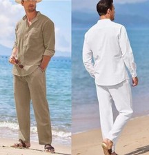 Men 2 Piece Outfit Beach Button Down Shirt Casual Loose Pant Sets Summer