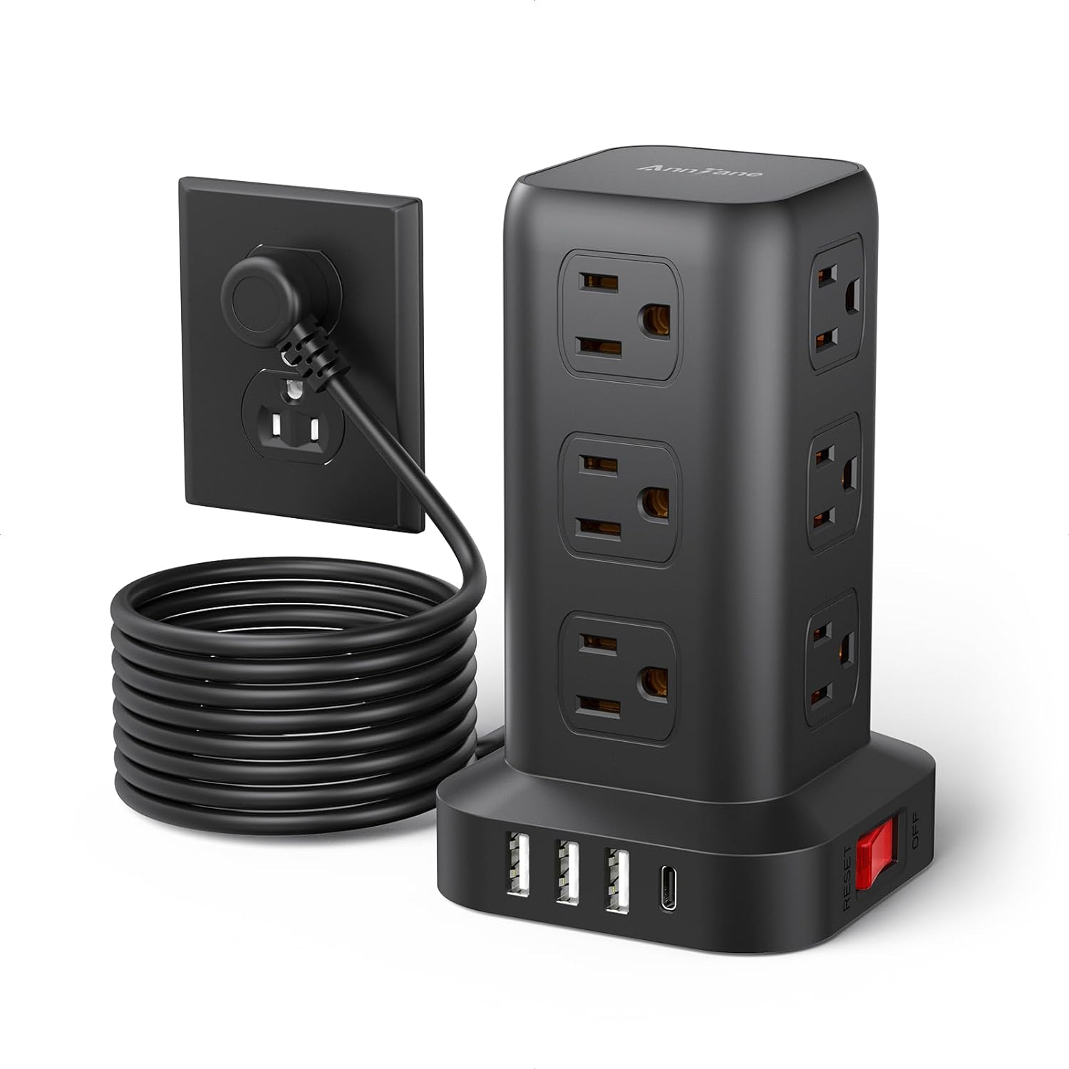 Surge Protector Power Strip 10 FT Cord, Power Strip Tower with 4 USB Ports (1USB-image