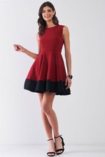 Wine Red & Black Hem Detail Sleeveless A-Line Flare Mini Dress /1S-3M-2L