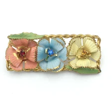 AUSTRIAN vintage brooch - enamel rhinestone 2.25" pastel flower rope bar pin