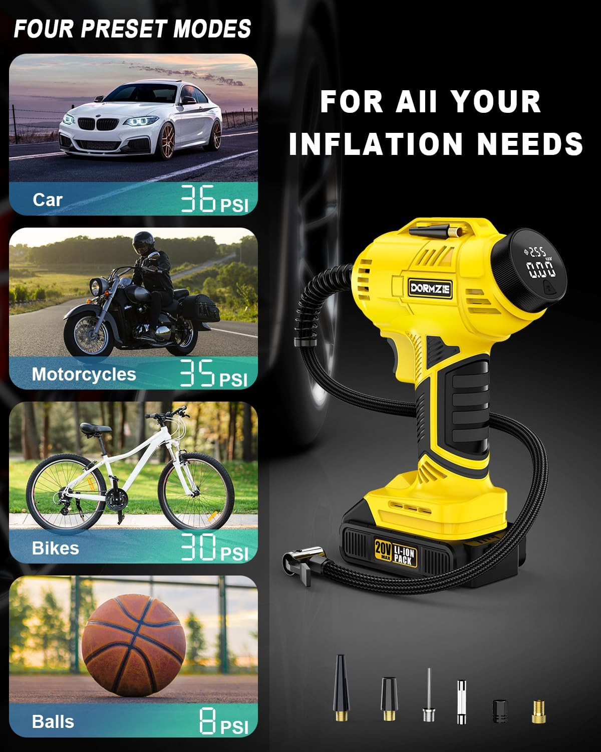 Portable Tire Inflator 150 PSI with Rechargeable Battery & Digital Display