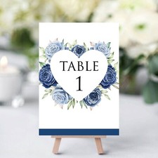Heart Flower Blue Navy Rose Table Number Wedding Cards 1 to 10 + Top Table
