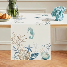 Nautical Coastal Table Runner 13x90 Inch Ocean Beach Seahorse Starfish