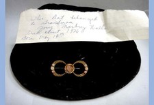 antique victorian LADIES' VELVET HAT w RHINESTONE PIN jewelry ID'D HANDWRITTEN
