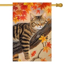 Fall Cat Garden Flag 12x18 Inch Small Double Sided Autumn Leaves Fall cat 12x18