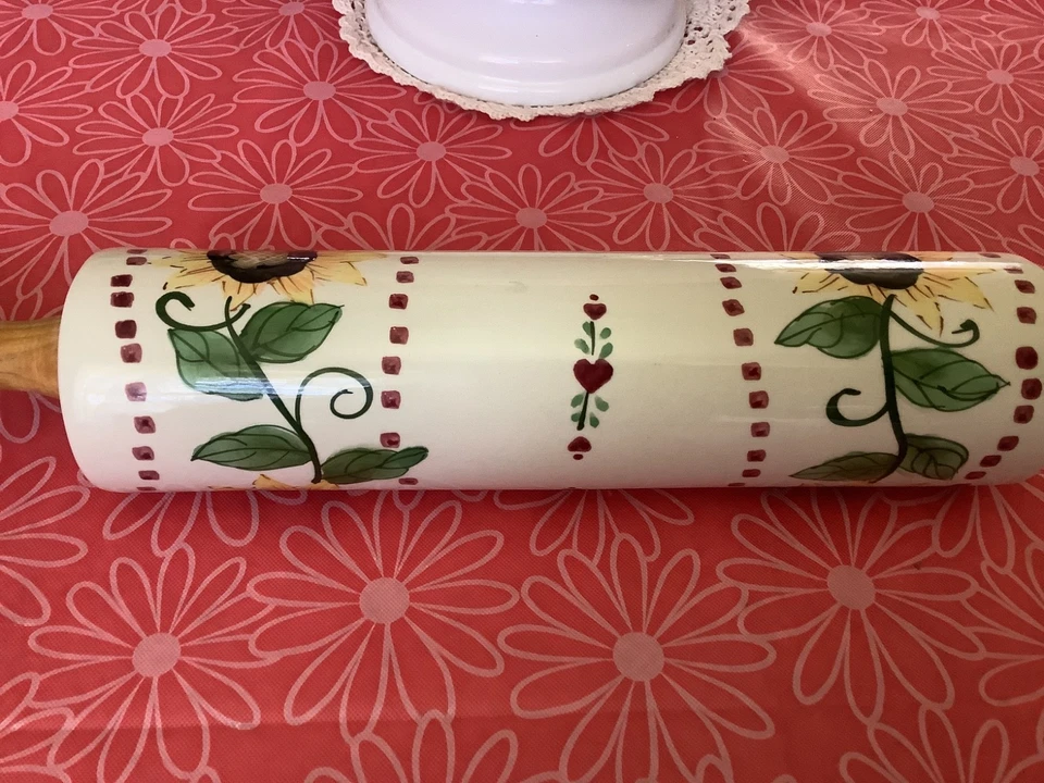 Ceramic Rolling Pin Sunflowers Green Leaves Wood Handles Baking Dough Country - Image 4 of 4