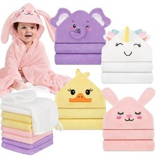 12 PCS Infant Toddler Bath Towel Set 4 Animal Hooded Towels 8 Washcloths