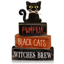 4 Pcs Halloween Table Decor for Home, Wooden Black Cat Sign Set