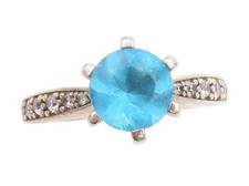 925 Sterling Silver Vintage Ring Round Cut Blue Topaz  CZ Band Sz 8 RG33996