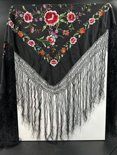 Antique Canton Chinese Silk Hand Embroidered Floral Piano Shawl Scarf Black Red