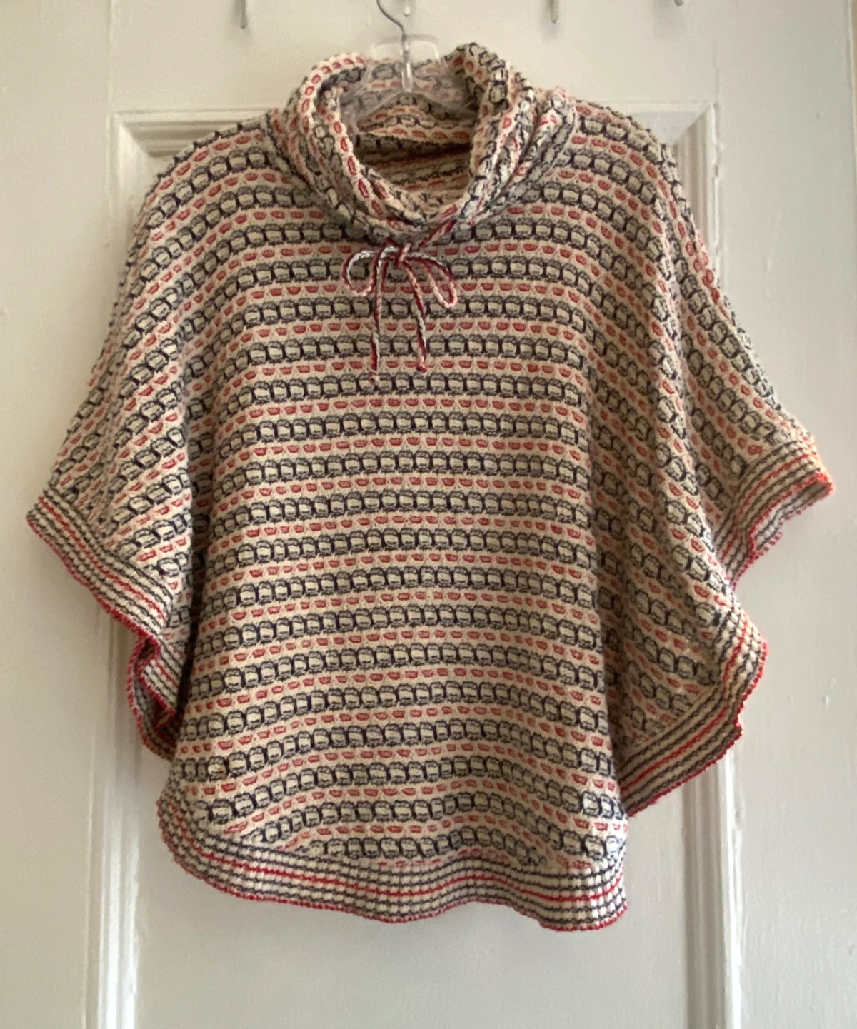 Boho Knit Poncho Sweater Cowl Neck Drawstring Cream Red Black One Size Hippie