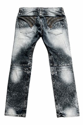 Mens Vintage Distressed Repaired Jeans 36x32 Black Denim Crystal Pocket Detail