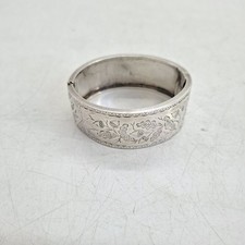 Small Sterling Silver Hinged Bangle Bracelet With Decorative Leaf Engravings