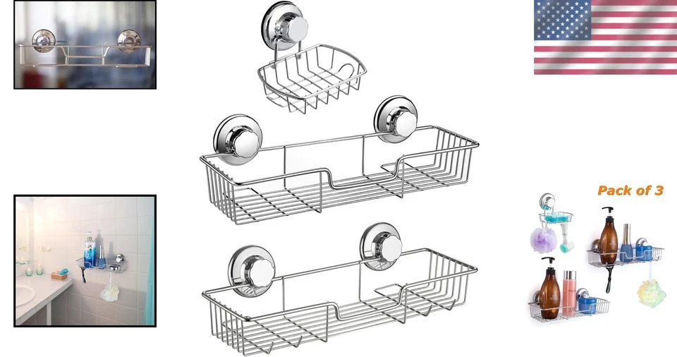 Elegante carrito de ducha de acero inoxidable de 3 niveles con soporte para jabonera con ventosa Foto 2 de 4