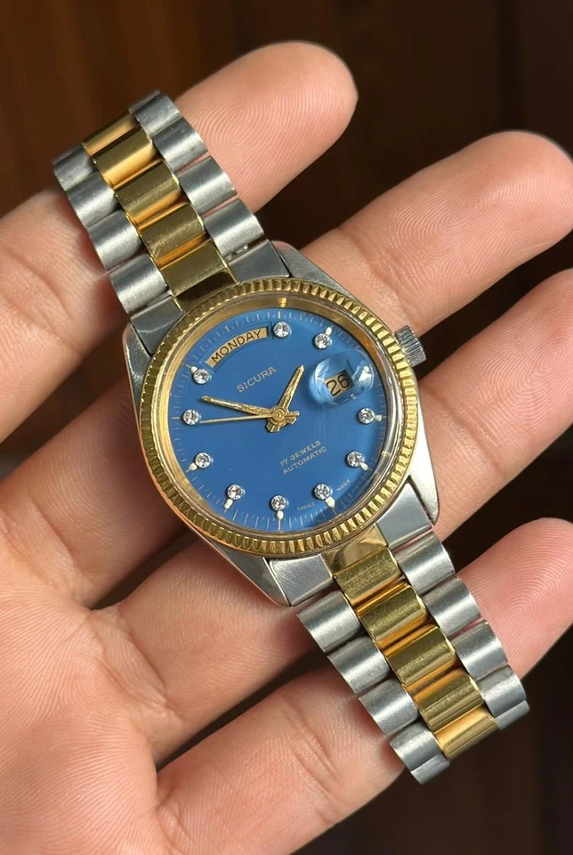 Редкие автоматические швейцарские часы Sicura с 17 камнями синий циферблат для мужчин - Изображение 3 из 4