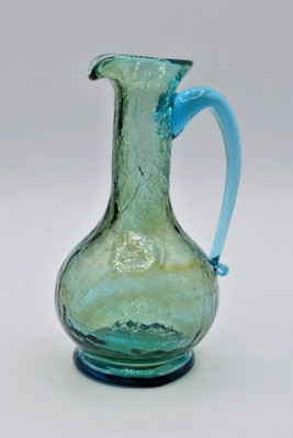 Pilgrim Crackle Art Glass Pitcher 7'' Aquamarine Blue Applied Handle Vintage 