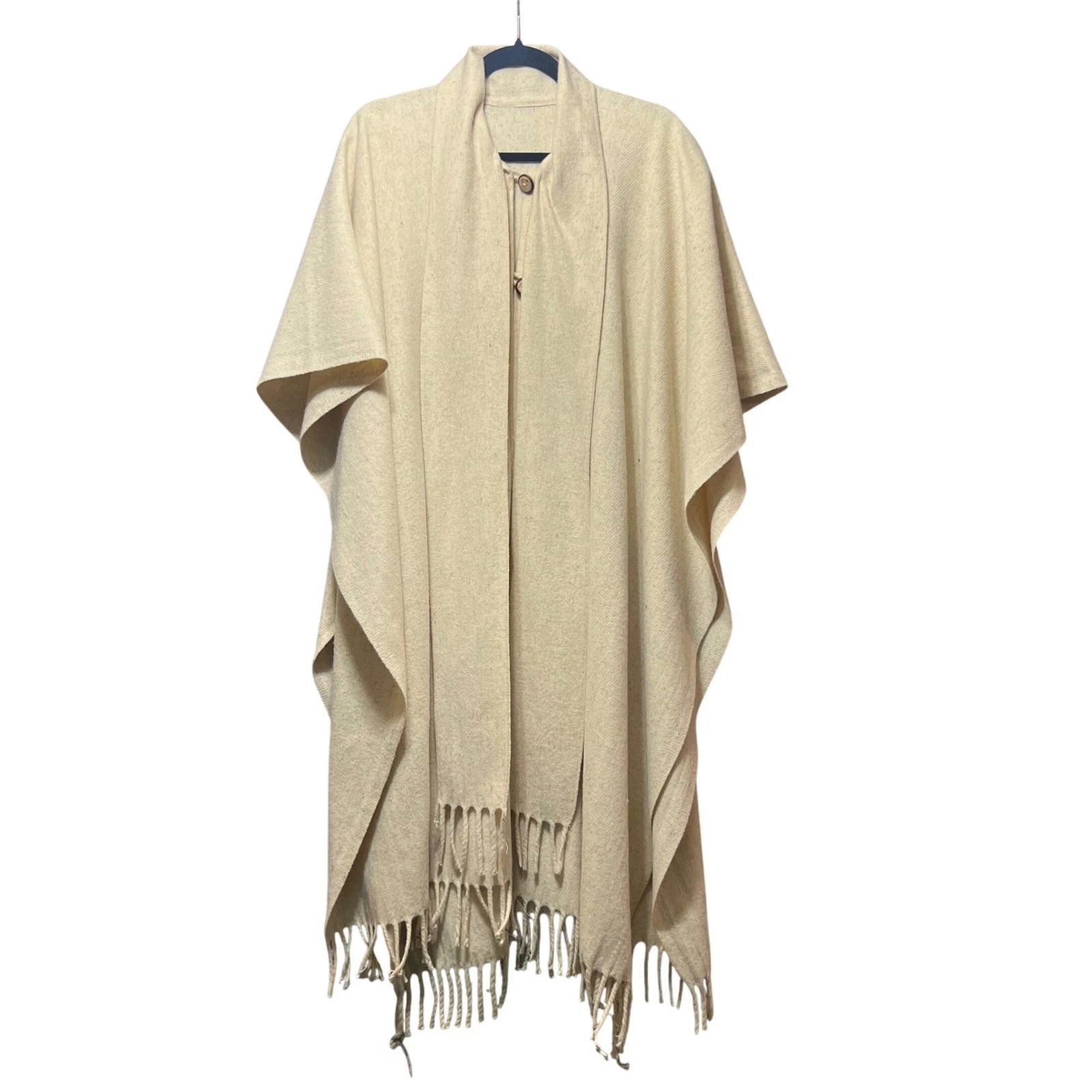 Wool Blend Poncho Button Front Wrap Shawl Cape Boho Fringe Neutral Cottagecore