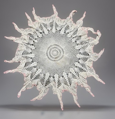 Large Handmade Crochet Doily Round White and Pink Cotton Thread Vintage 24”