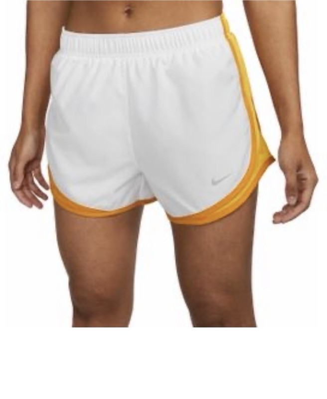Nike Women's Dri-FIT Tempo running shorts in white with orange Medium