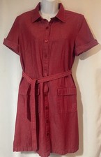 Talbots Shirt Dress Womens 12P Button Front Short Sleeve Belted Denim Red
