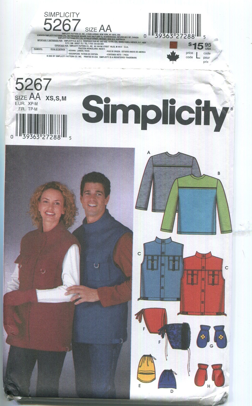 SIMPLICITY 5267 UNISEX TEENS/ADULTS VEST FLEECE ACCESSORIES & TOP SZ XS-M UC