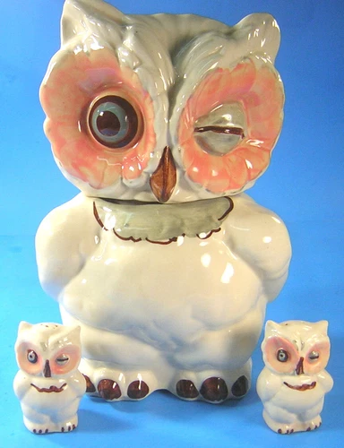 VTG Shawnee Pottery Winking Owl Cookie Jar with Matching Salt & Pepper Shakers