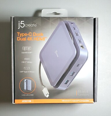 j5create JCD3198 USB-C Dual 4K HDMI Dock 11-in-1 Station Hub Windows Mac - NEW