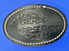 Retro Embossed Feather Hand Tooled Stitched Hippy Vibe Black Leather Belt Buckle
