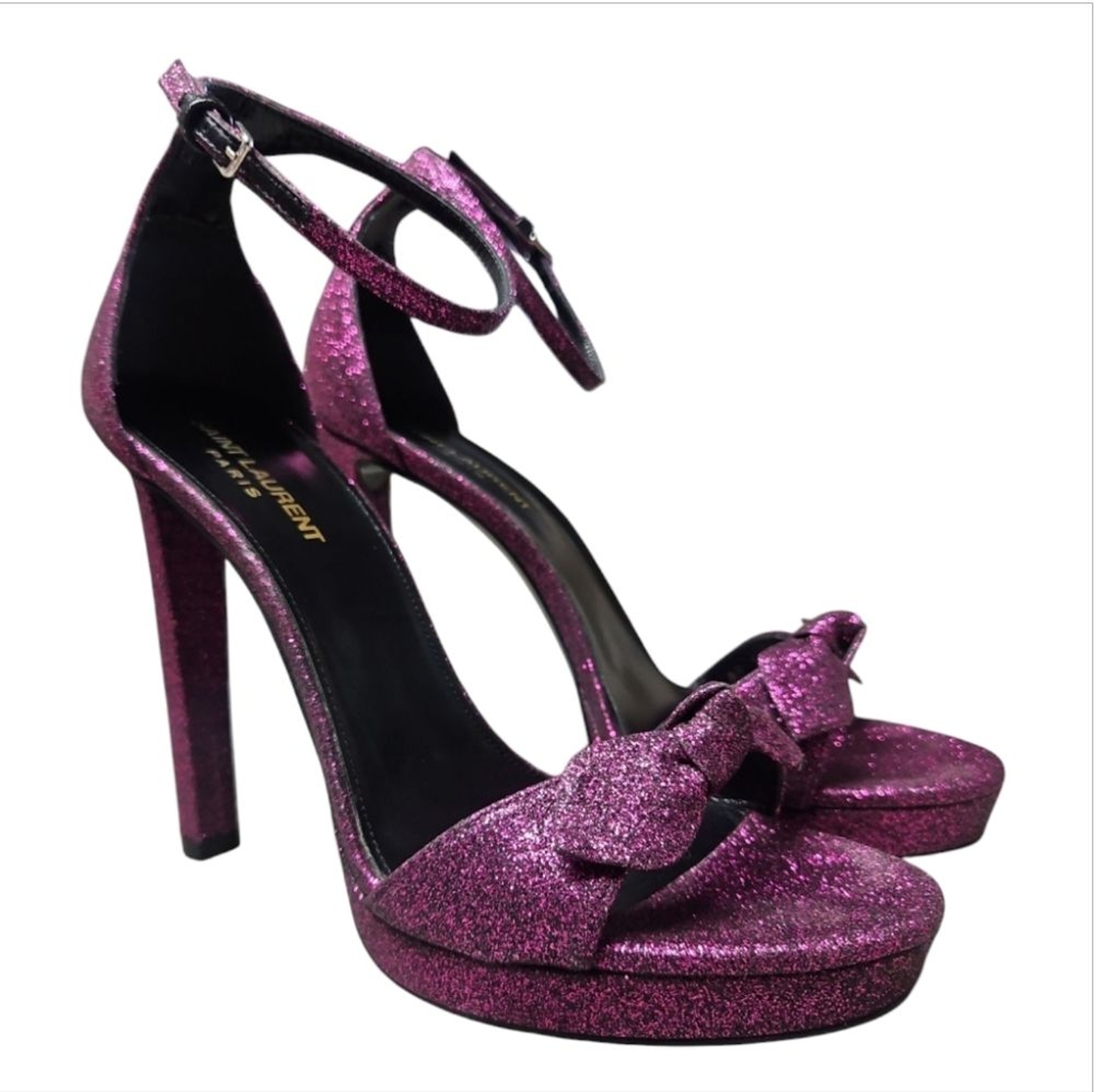 SAINT LAURENT Sandali tacchi con fiocco viola glitter Hasar taglia EU 40 US 9 5