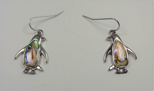 BEACH FASHION RHODIUM NAUTICAL PENGUIN BIRD NATURE ABALONE SHELL HOOK EARRINGS - Picture 2 of 6
