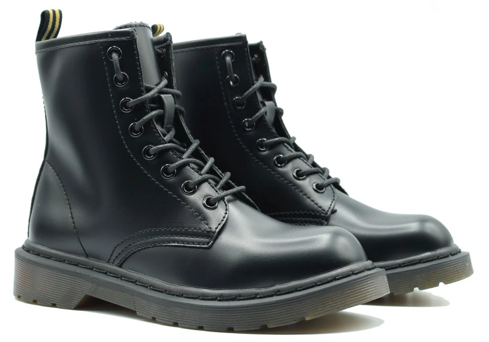 stivali stivaletti anfibi da donna alti neri ecopelle scarponcini con lacci - Immagine 3 di 4