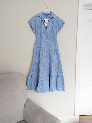 ZARA EMBROIDERED EYELET SHIRT DRESS CUTWORK EMBROIDERY BLUE WHITE XS S M L  XL | eBay