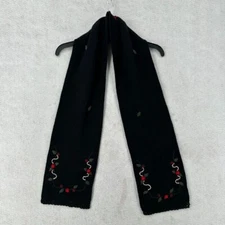 FRAAS Black Red Floral Embroidered Scarf 100% Wool 31" x 7" Roses
