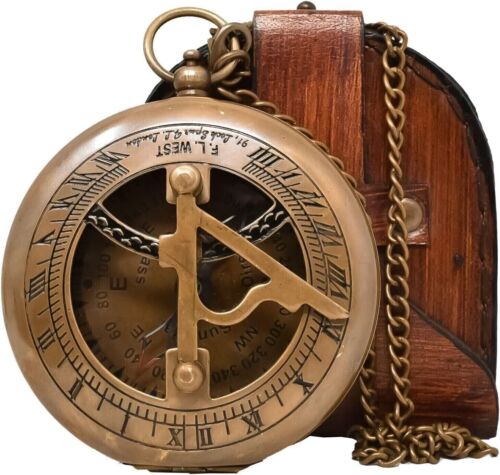Nautical Brass Sundial Compass Unique Gift for Men with Leather Case and Chain - Picture 1 of 8