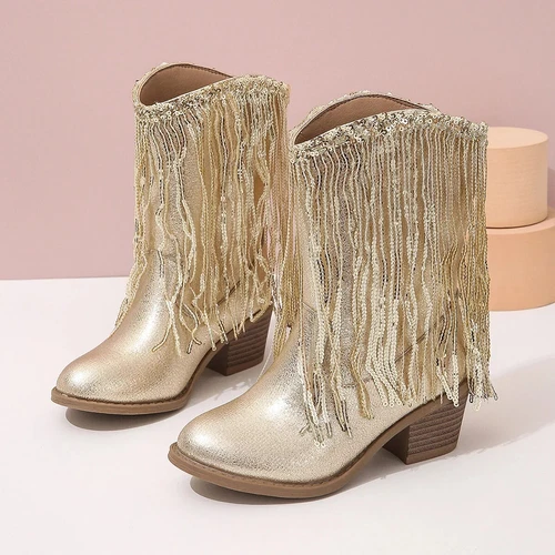 Girls Boots Autumn Winter Toddler Kids Princess Fashion Middle Calf Cowboys Boot - Imagen 15 de 30
