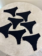 LOT Of 7 Thong Panty Womans Scallop Size SMALL Black Stretch NEW 