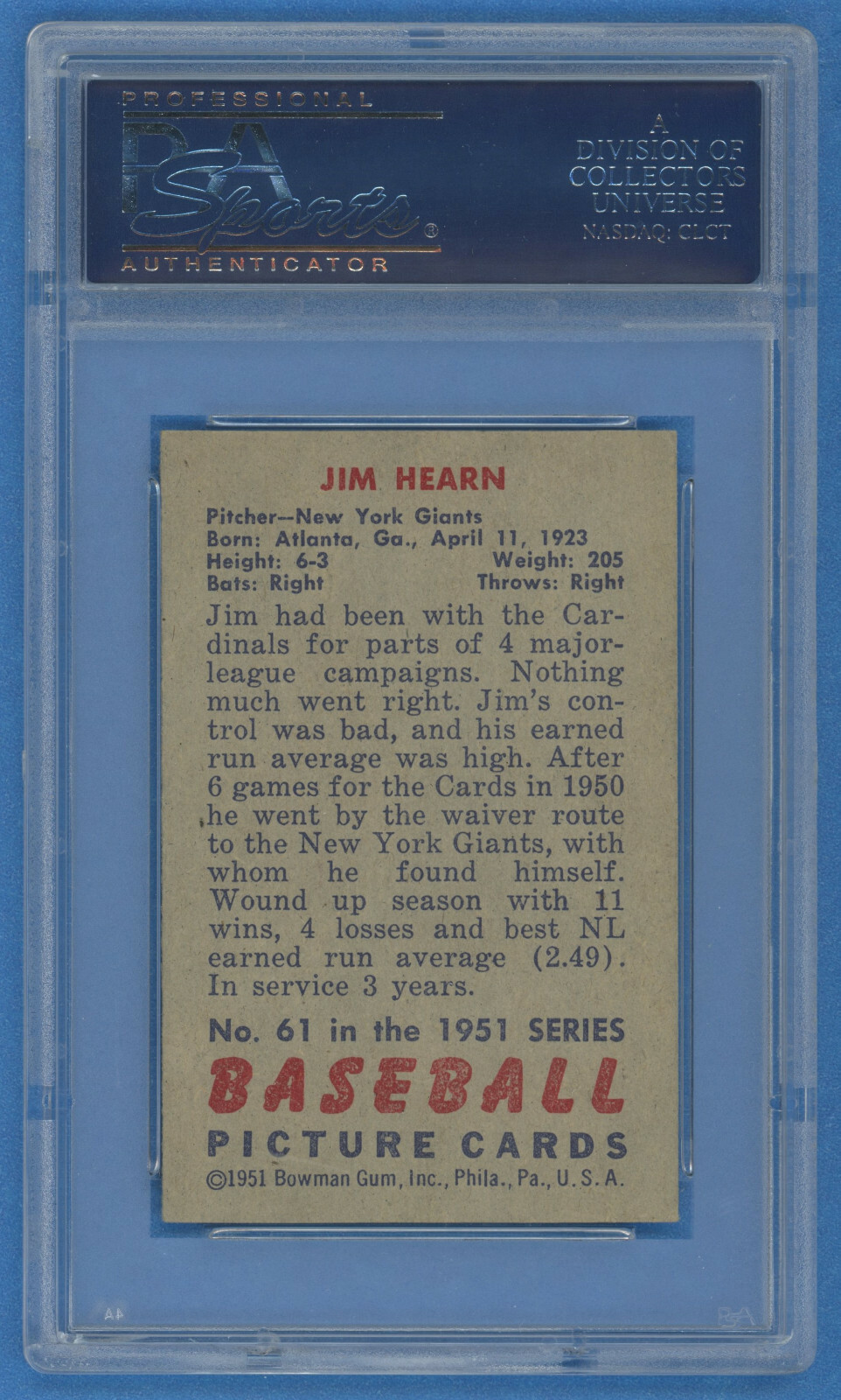1951 Bowman #61 Jim Hearn PSA 6 New York Giants Vintage Baseball Card #17610571 view 2