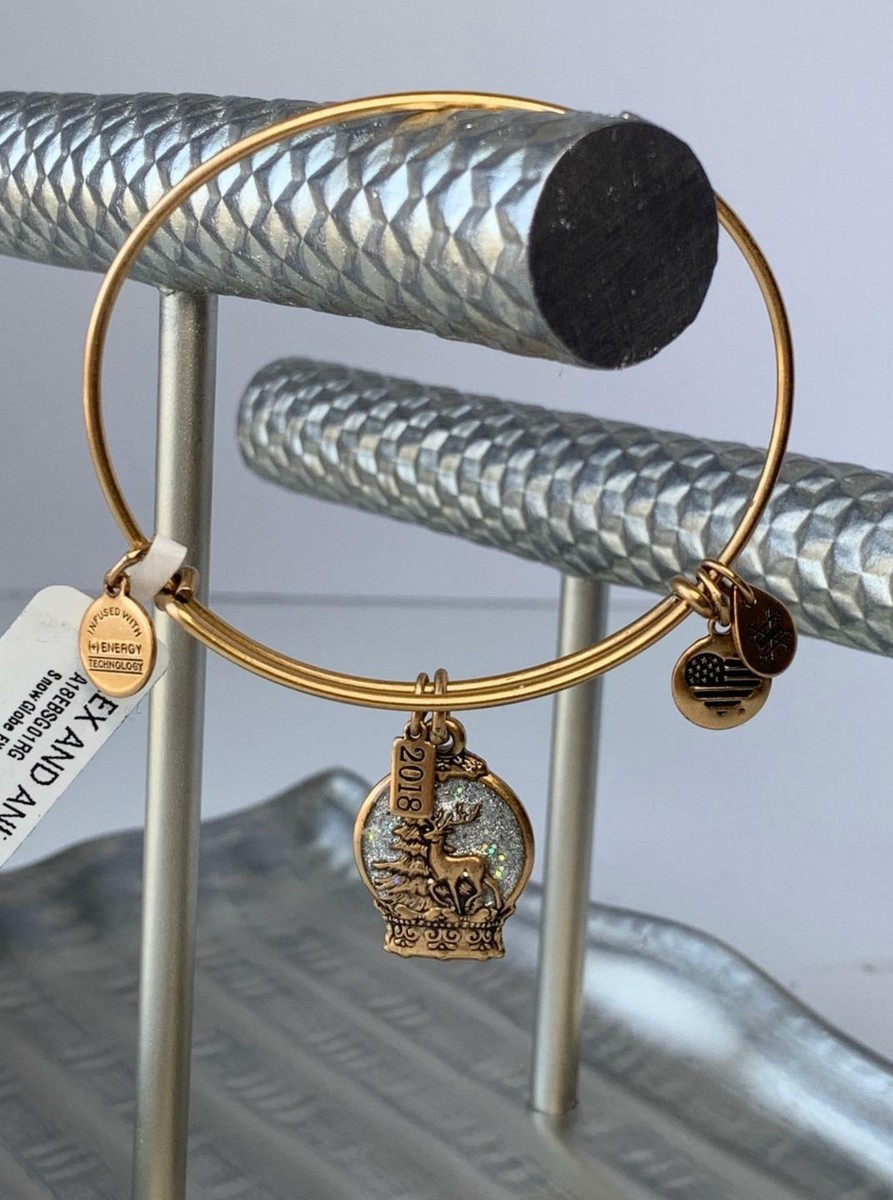 New Alex and Ani Snow Globe Wonder Gold Tone Expandable Bangle