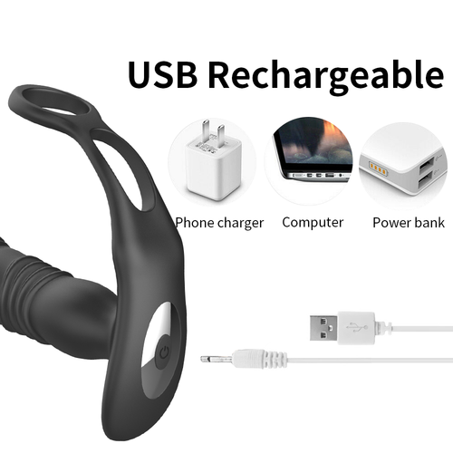Telescopic Thrusting Anal Plug Vibrator Cock Ring Prostate Massager 