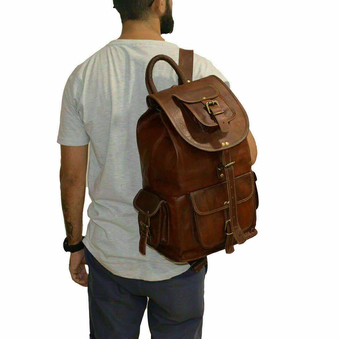 Mens genuine leather backpack satchel laptop bag brown
