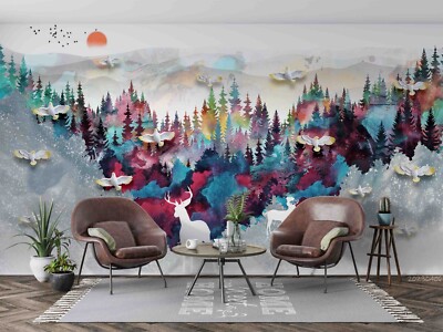 3D Abstract Pine Forest Elk Wallpaper Wall Mural Peel and Stick Wallpaper 468