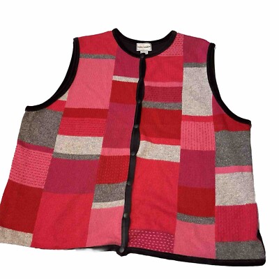 VTG Patchwork Vest XXL Womens pink Red Grey Cardigan Button Color Block Preppy