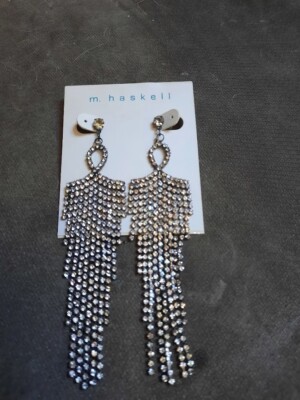 M. Haskell  Long Rhinestone Gunmetal Chains Pierced Chandelier Earrings NWT