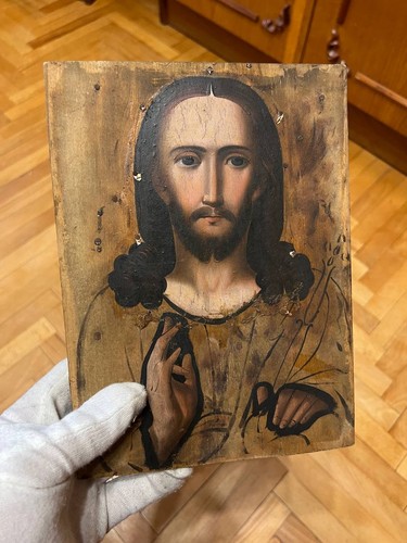 Icône ancienne Ukraine 19ème bois peint main orthodoxe Jésus Christ - Photo 4/17