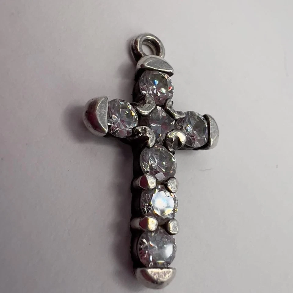 Ciondolo croce argento sterling 925 vintage pietre zirconi 0,8" 1,17 g... - Immagine 2 di 4