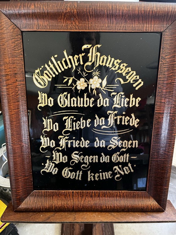 Antique Victorian Reverse Painted Glass Foil German House Blessing 17.5" x 14.5"