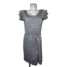 LOFT Womens Heather Grey Ruffle Flutter Sleeve Belted Knit Jersey Dress Large